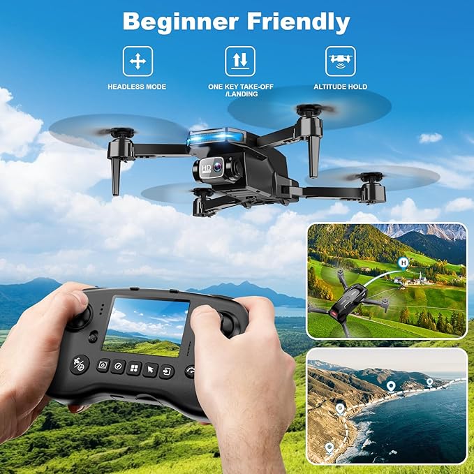 Drone with Camera - Drone with Screen on Controller for Beginners, Foldable Remote Control Quadcopter with Voice Gesture Control, 3D Flip, One Key Start, Emergency Stop, 2 Batteries, Easier to use