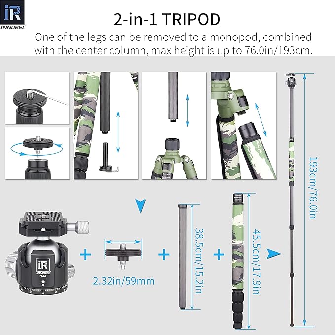 Carbon Fiber Tripod-INNOREL RT85CG Super Professional Stand with Low Gravity Center 360° Panoramic Ballhead and Green Camouflage Leg Covers for Digital DSLR Camera