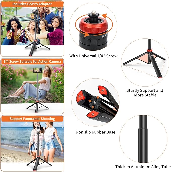 VRIG 52" Extendable Camera Tripod for Insta360 X4 X3 X2 Selfie Stick Tripod with 1/4" Screw Mini Portable Phone Stand Tripod for Hero 12 11 10 9 8 7 6 5/DJI Osmo/AKASO/SJCAM/Action Camera