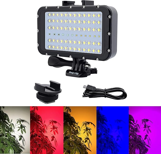 Suptig Video Lighting Dive Light Underwater Lights 72 Led Lights Compatible for Gopro Canon Nikon Pentax Panasonic Sony Samsung SLR Cameras 5 Kinds of Illuminating Colors Waterproof 147ft(45m) Black