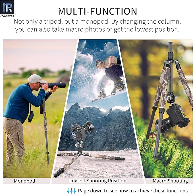 Carbon Fiber Tripod-RT75CM Super Professional Tripod Monopod Heavy Duty Compact Stand Support with 44mm/1.73in Low Gravity Center 360°Panoramic ballhead for Digital DSLR Camera, max Load 20kg/44lb