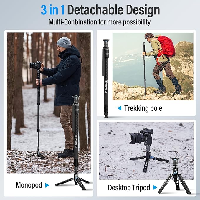 SIRUI SVM-145 Carbon Fiber Camera Monopod with Feet, 60.7" Professional Lightweight Travel Monopod with Fluid Video Head for DSLR Camera, One-Step Height Adjustment, Modular, Max Load 22lbs