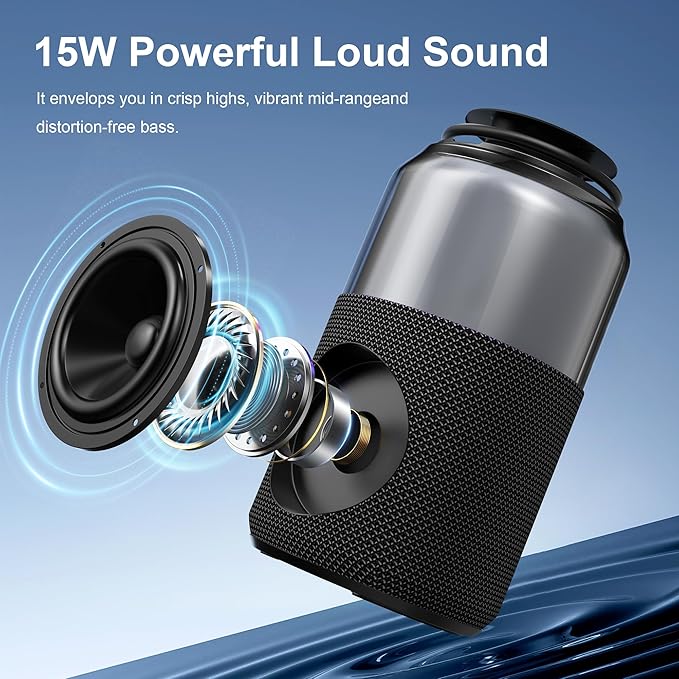 Passau Portable Bluetooth Speaker Wireless with Lights, 15W Loud Stereo Clear Sound, All Day Playtime, BT 5.4, TWS Paring, for Home Outdoor Party Beach (Black)