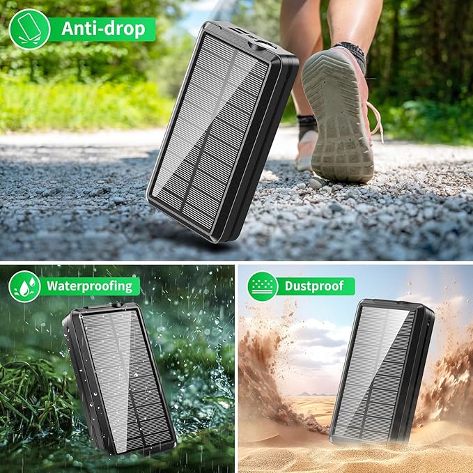 Solar Power Bank Portable Charger 52800mAh 5V/3A Fast Charging Battery Pack with Built in 4 Cables 2 Outputs & LED Flashlight for All Mobile Devices Camping Traver Outdoor