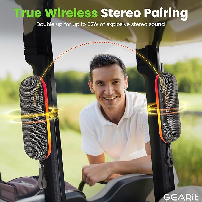 GEARit SoundBrick Wireless Golf Speaker w/ 16W Audio Power - IPX6 Waterproof Bluetooth Speaker - RGB Lights & TWS Pairing - Magnetic Outdoor, Indoor Speakers Bluetooth