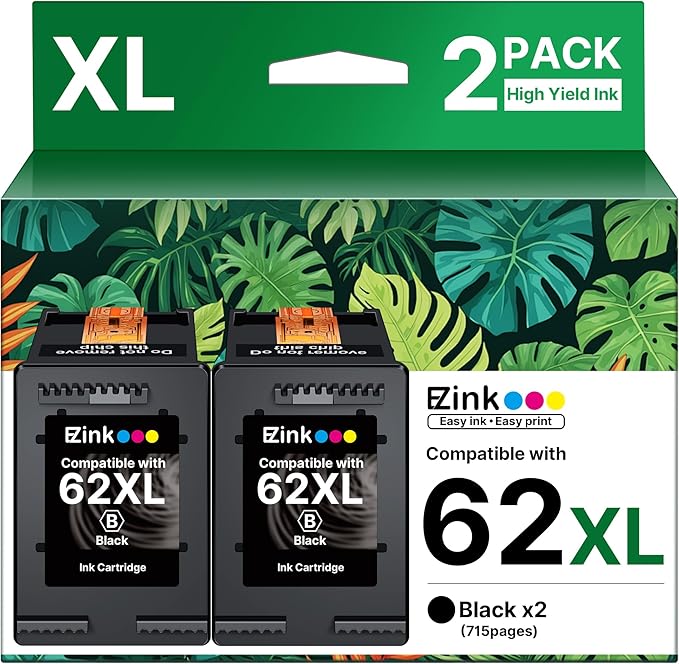 62XL Ink Remanufactured Ink Cartridges for HP 62 Black Ink Cartridge for HP Ink 62 62XL High Yield Use with HP Envy 5540 5640 5660 7644 OfficeJet 5740 5741 8040 200 250 Series Printer (2 Pack Black)