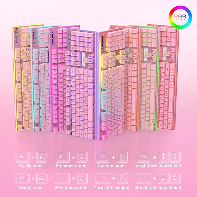 RedThunder K10 Wired Gaming Keyboard and Mouse and Wrist Rest Combo, RGB Backlit, Mechanical Feel Anti-ghosting Keyboard + 7D 7200 DPI Mice+Soft Leather Wrist Rest 3 in 1 PC Gamer Accessories(Pink)