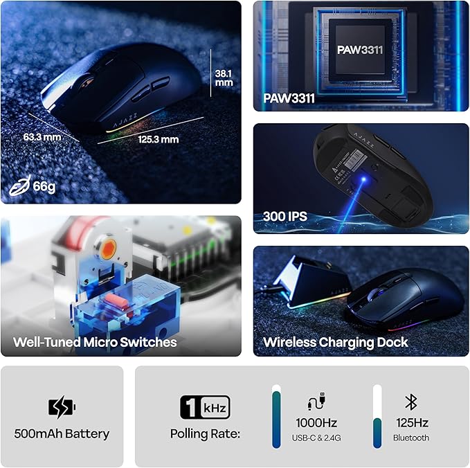 AJAZZ AJ139 V2 MC Gaming Mouse with Charging Base, Adjustable 12,000 DPI, PAW3311 Sensor, 3 Modes Wireless Mouse, 500mAh Battery, 1000 Polling Rate, 66g Lightweight, Win/Mac (Black)
