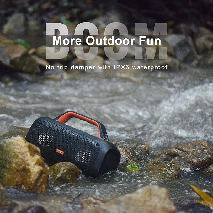 DOSS Extreme Boom Bluetooth Outdoor Speaker with 60W Mighty Sound, Deep Bass, 30H Playtime, USB-C, Bluetooth 5.3, IPX6 Waterproof with Portable Strap for Camping, Beach, Garage-Orange