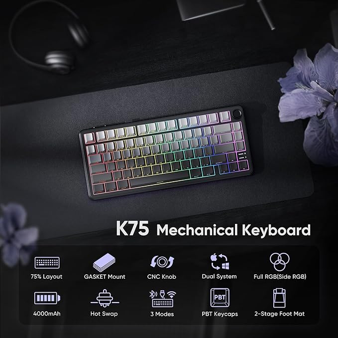 RedThunder K75 Wireless Mechanical Gaming Keyboard, 75% Hot Swappable Creamy Keyboard with Knob, RGB Backlit, Pre-lubed Linear Switches, Side Printed PBT Keycaps, Wireless/Wired/BT5.0 Connection Mode