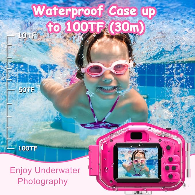 Agoigo Kids Waterproof Camera - Children Underwater HD Video Digital Camcorder, Portable Travel Toy for Toddler - Ideal Christmas Birthday Gifts for Boys Girls Age 3-12 with 32GB Card (Rose Red)