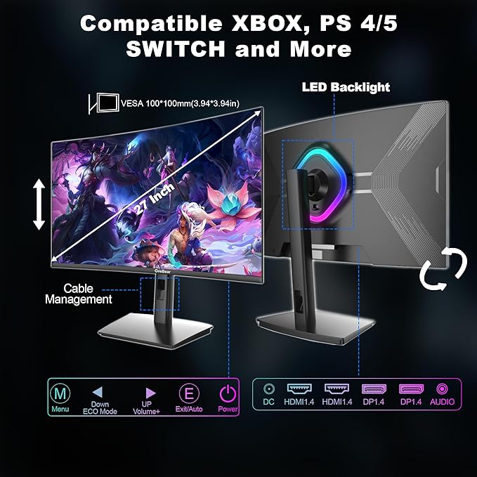 27 Inch Curved Gaming Monitor 180HZ QHD Height Adjustable, Professional PC 2K Monitors 2560 x 1440p Home Office Computer Screen, HDMI, DP, AdaptiveSync, 1500R, Build-in Speaker, 100 x 100 mm VESA