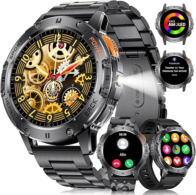 LIGE Military Smart Watches for Men(Answer/Make Call) - 3 Straps,1.43" HD AMOLED Upgraded Outdor 530mAh Sports Smartwatch with Flashlight/Heart Rate/Sleep Monitor/IP68, Fitness Tracker for Android iOS