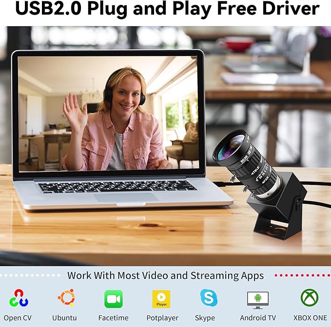 48MP USB Webcam 8K Ultra HD Color Camera with 5-50mm 10X Manual Optical Lens 6000P Industrial Security Video Camera Close-Up Zoom Function Plug-and-Play for Windows, Linux, Mac OS