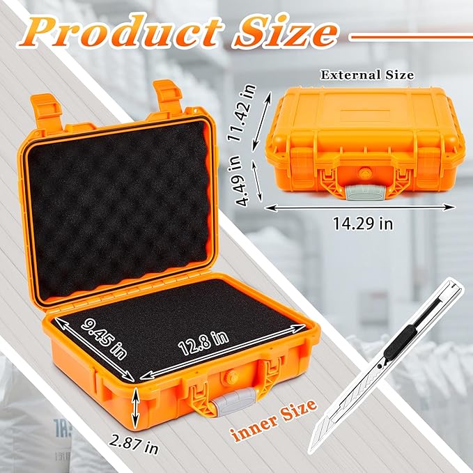 14.3 x 11.4 x 4.5 Inch Waterproof Hard Case with DIY Customizable Foam Insert Portable Protective Case with Knife for Camera Drones Equipments Tools Test Instruments (Orange)