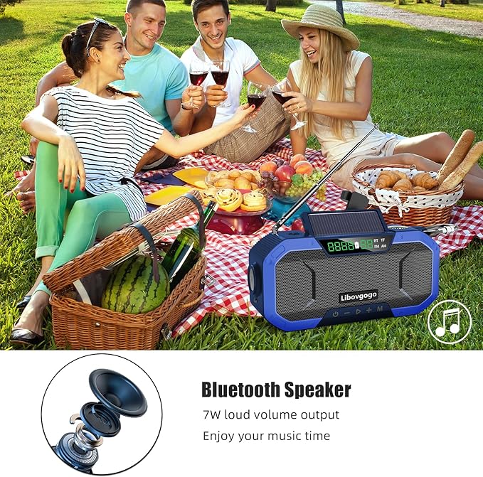 Bluetooth Hand Crank Emergency Solar Powered Radio,Waterproof Portable NOAA Weather AM FM Radio Speaker,Wind Up Flashlight Phone Charger,5000mAH Battery Operated for Storm,Outage,Hurricane,Survival