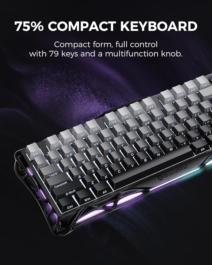 GravaStar Mercury K1 75% Wireless Mechanical Gaming Keyboard, Aluminum Alloy, Gasket Compact Custom Keyboard Hot-Swap Socket, Linear Switches, RGB Backlit - Gradient Black