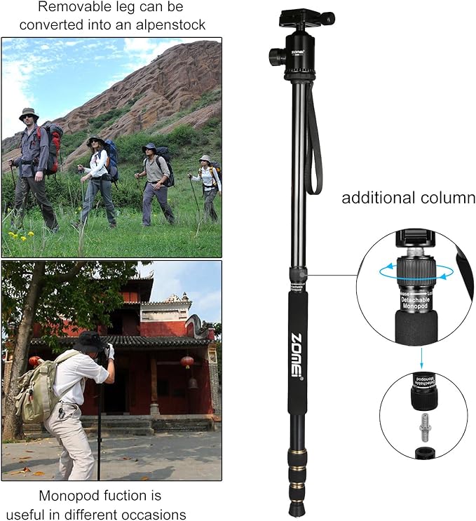 ZOMEI Z688 Travel Camera Tripod Aluminum Alloy Portable Monopod with Ball Head ann Carrying Bag for Canon Nikon Sony DSLR Camera