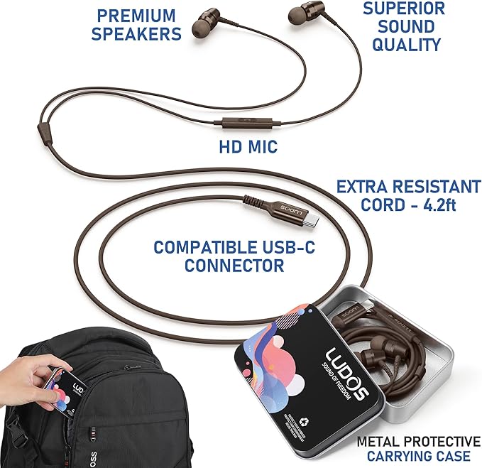 LUDOS OMNITONE USB C Headphones for iPhone 16 15 Pro Max Plus iPad Pro, 5 Years Warranty, USB-C Earbuds for Samsung Galaxy S24 S23 Ultra S22 S21 S20 A55 A54 A53, USB Type C Earphones - Brown