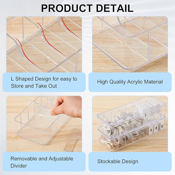 Tatuo 8 Pcs Cable Organizer Box with Wire Ties, Plastic Cord Storage Box with Lid, Electronics Organizer for Home Office Desk Organizers and Accessories (10.79'' X 3.78'' X 1.97'',Clear)