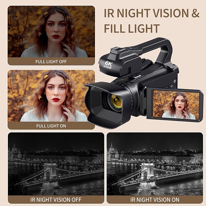 6K Video Camera Camcorder 64MP IR Night Vision Vlogging Camera for YouTube 18X Digital Zoom 4.0" Touch Screen Digital Camera with WiFi, Microphone, Charger, Stabilizer, Remote Control and 64GB SD Card