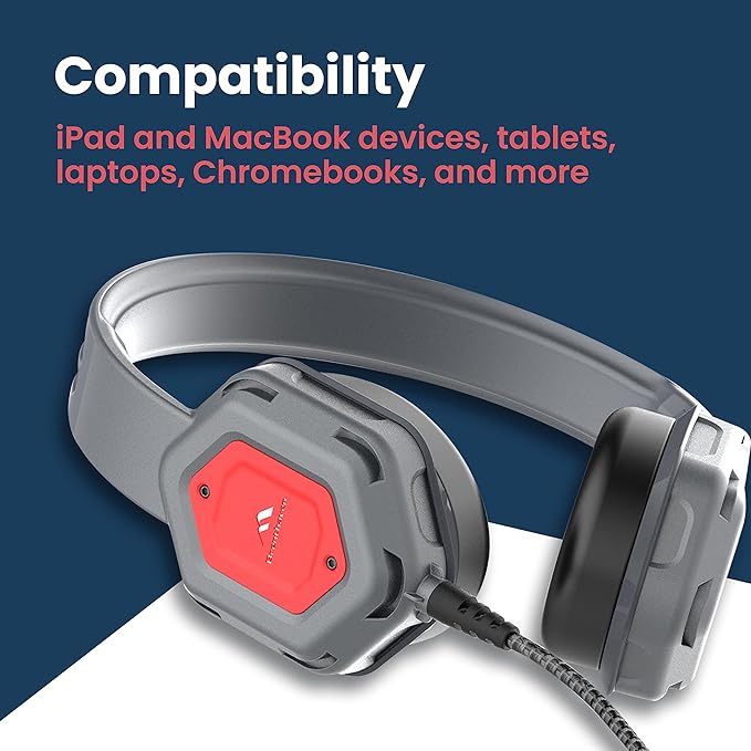 Brenthaven Headphones Wired | 3.5mm Jack On-Ear Edge Rugged Adjustable Headphones w/Long Tangle Free Cord - Lightweight Durable & Drop Tested School Supplies for Kids Travel and K-12 Students - Gray