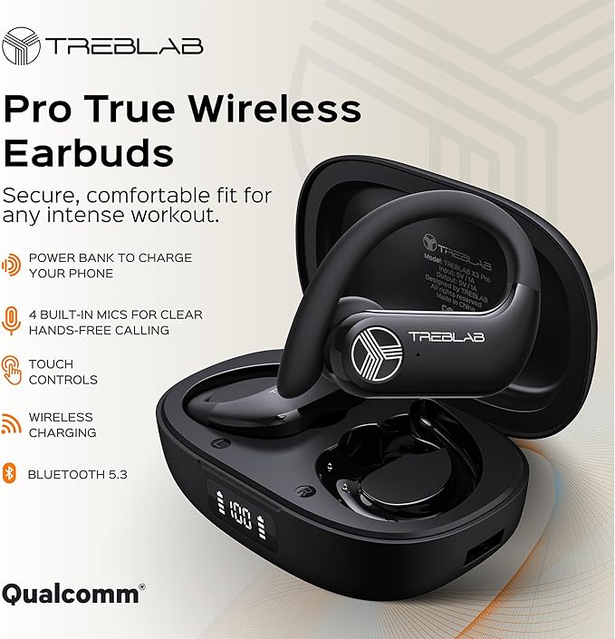 TREBLAB X3 Pro - Ultra Comfortable Earhooks, Pure-HD Sound, Punchy Bass, 145H Battery, Waterproof & Sweatproof Bluetooth Earbuds, Mics for Calls, True Wireless Ear Buds for Sports Workout Running