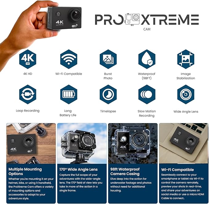 Pro Xtreme 4K Action Camera - Ultra HD Waterproof Camera Video Camera with Wi-Fi, 170° Wide Angle Lens, Image Stabilization, Multiple Mounting Options - Perfect Underwater Camera Snorkeling