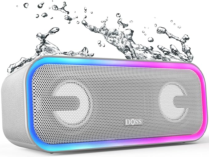 DOSS SoundBox Pro+ Bluetooth Speaker with 24W Impressive Sound, Booming Bass, IPX6 Waterproof, 15Hrs Playtime, Wireless Stereo Pairing, Mixed Colors Lights, 66 FT- Grey