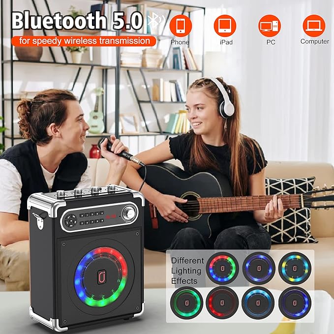 Bluetooth Speaker with Two Wireless Microphones, Outdoor Speaker with Subwoofer/Tweeter, Portable PA Speaker System with Remote Control, Discol Lights, FM, REC for Home, Party