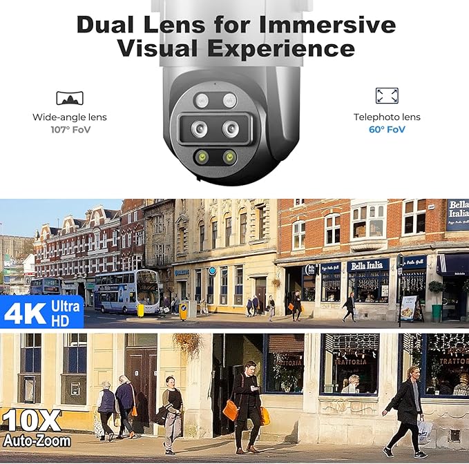 4K/8MP Dual Lens 10X Hybrid Optical Zoom PTZ Outdoor Security IP Camera,5GHz Dual Band WiFi,Auto Tracking,Color Night Vision,Waterproof,Human/Vehicle Motion Detection,Audio-Visual Alarm