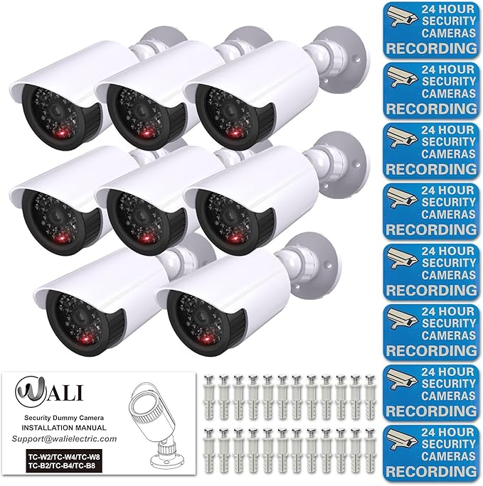 WALI Dummy Fake Simulated Surveillance Security CCTV Dome Camera Indoor Outdoor with One LED Light, Warning Security Alert Sticker Decal (TC-W8), 8 Packs, White
