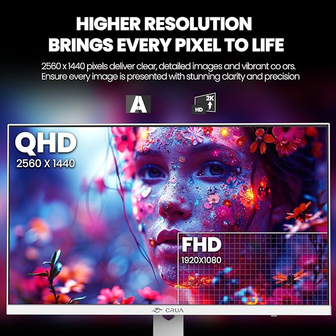 CRUA 27" White Monitor, 2K QHD(2560x1440P) IPS Panel, 120Hz Computer Monitor, Supports AMD Freesync, 120% sRGB, USB Type-C, Built-in Speakers, Wall Mountable(HDMI 2.0/DP 1.4), Best for Work and Gaming