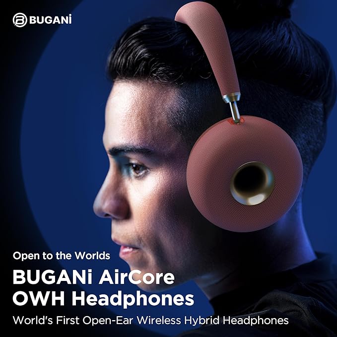 BUGANI AirCore Open-Ear Wireless Headphones: Bluetooth 5.3 Over-Ear Headset with Removable Noise-Canceling Ear Caps, Dual-Driver HiFi Sound, 24H Battery Life Comfortable Fit, Type-C Fast Charging
