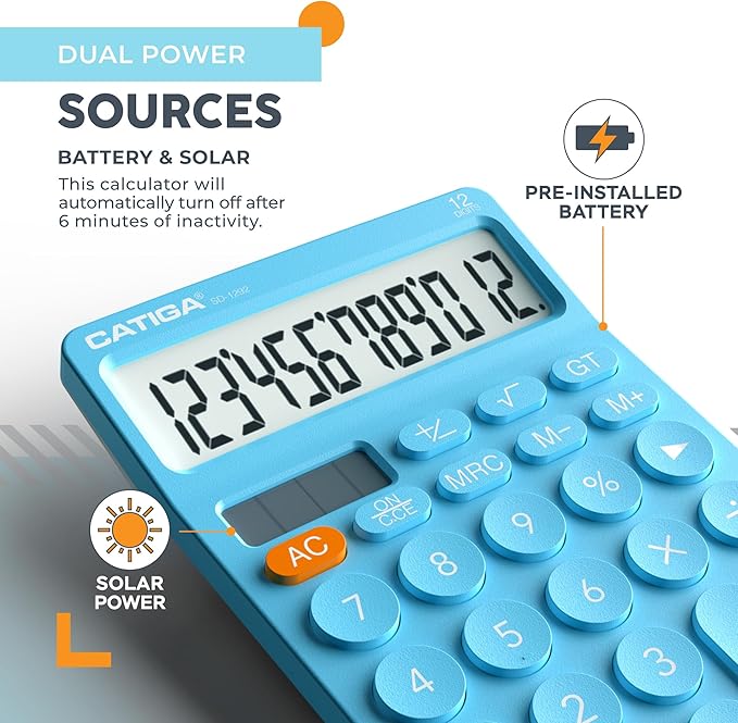 CATIGA Desk Calculator with 4 Functions, Cute Basic Calculator for Kids with Round Big Button, Large Display for School and Office, Dual Power, SD-1292 Blue