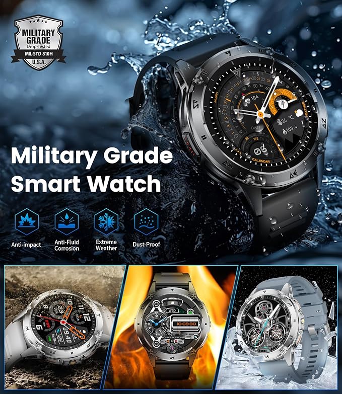 LIGE Military Smart Watch for Men iPhone Android 1.43" HD Amoled Rugged 120+ Sport Modes IP68 Waterproof Answer/Make Call Fitness Running Heart Rate Blood Pressure Health Mens Smartwatch EF6-A