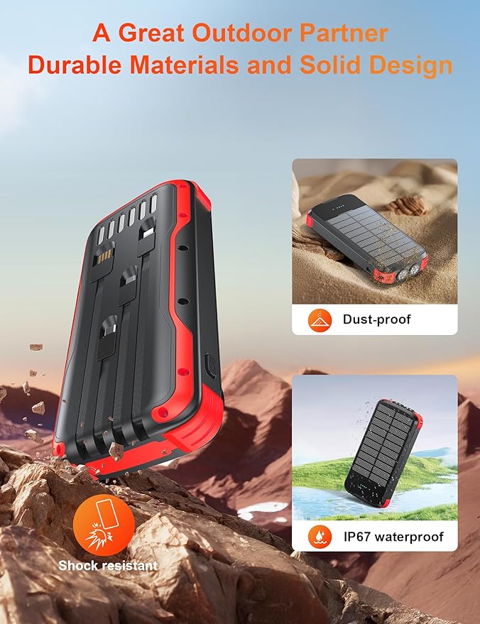 Solar Charger Power Bank, PD 20W Fast Charging External Batter, 40000mAh Portable Phone Charger Built in 4 Cables with Dual Bright Flashlights for Camping, Hiking, and Outdoor Use（RED）