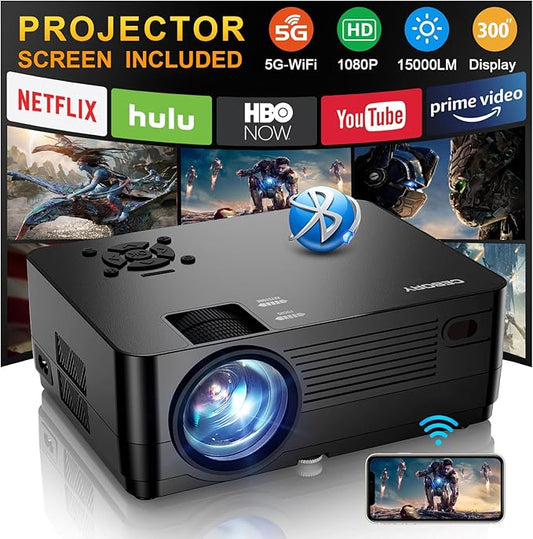 5G WiFi Bluetooth Native 1080P Projector[Projector Screen and Carrying Bag Included], CEBORY 15000LM Full HD Movie Projector,300" Display 4k Home Video Projector,Compatible with HDMI/USB/PHONE/Laptop