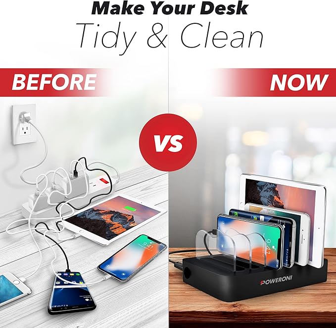 USB Charging Station 6-Ports - Fast Charging Station for Multiple Devices Apple - Multi Device Charger Station Dock - Compatible with Apple iPad, iPhone, Android, and Tablet