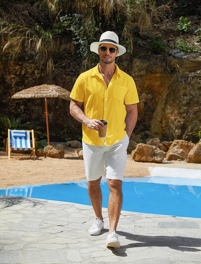 Vssjavun Mens Short Sleeve Button Down Shirts Casual Cotton Shirt Summer Beach Tops with Pocket