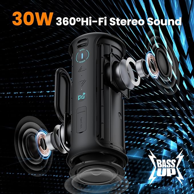 Raymate Bluetooth Speaker, IPX7 Waterproof, 30W Stereo with Deep Bass, Wireless Blue Tooth 5.3, 100Ft Range TWS Pairing, 15H Playtime, Portable Speakers with Lanyard for Party Beach Travel Gift