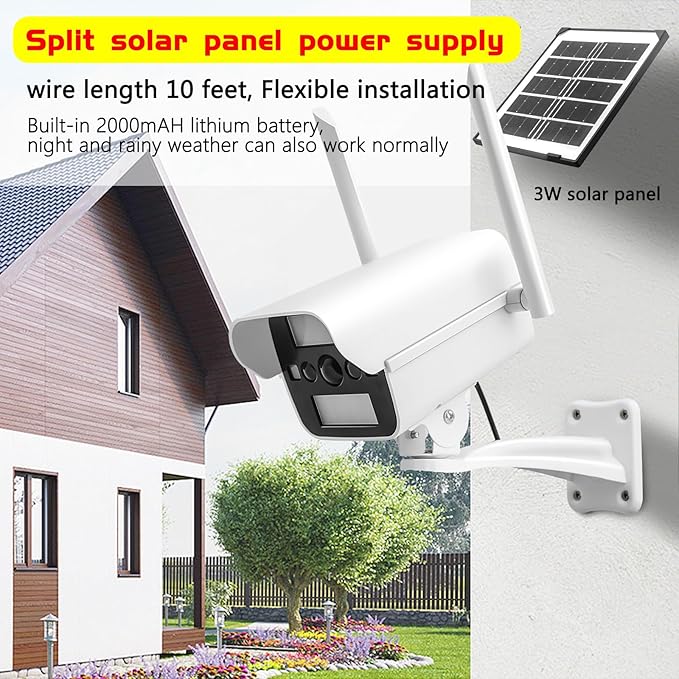 Solar Fake Security Camera with Motion Sensor Light&Audio& Sound&Doorbell for Outdoor, Decoy Simulated Dummy Surveillance Cameras for Outside, IP54, Warning Sticker Included (Solar+Battery)