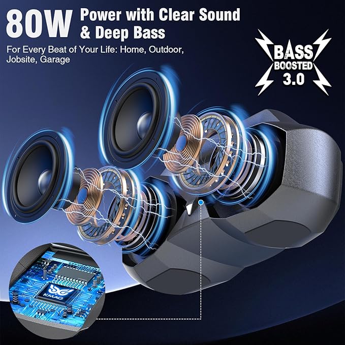 KMAG Bluetooth Speaker Wireless, 80W Loud Speaker with Deeper Bass, IPX7 Waterproof, 20H Playtime, Cool Lights, TWS, Portable Speaker for Home, Outdoor, Workshop, Party, Gift for All (Sliver)