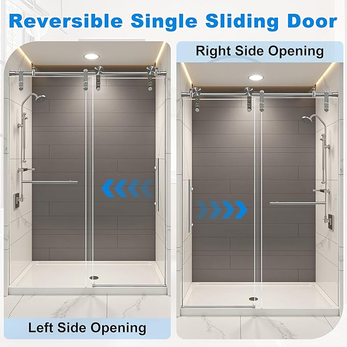 50-54" W x 76" H Frameless Shower Door Bathroom Sliding Shower Door 5/16"(8mm) Thick Tempered Glass Shower Door with Double Stainless Steel Handles for Walk-in Shower, Brushed Silver