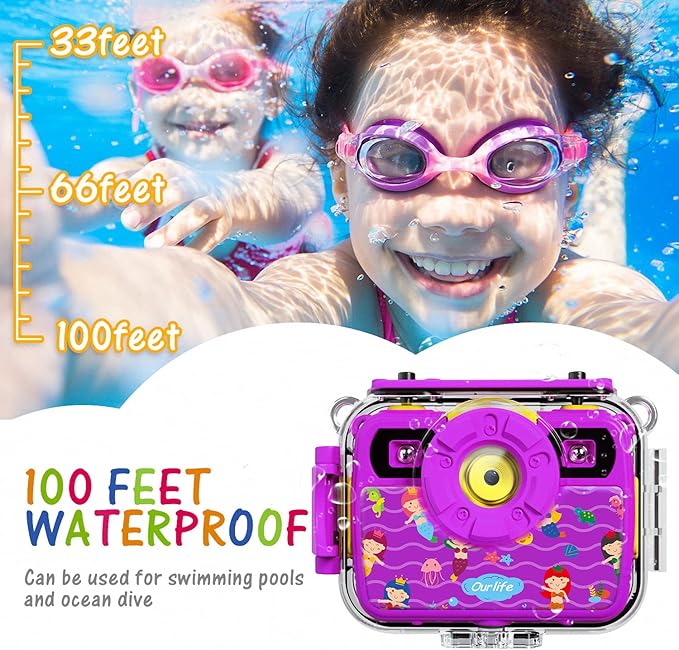 Ourlife Kids Waterproof Camera Gifts for Toddler, 1080P HD Digital Video Camera with 2.4'' IPS Screen, Fill Lights, Children Selfie Underwater Camera Toy for Little Girls with TF Card, Silicone Handle