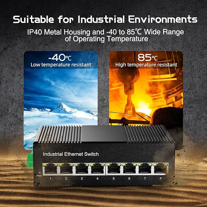 8 Port Gigabit Industrial Ethernet Switch, 8 Ports 10/100/1000Mbps, Fanless Wall Mount and Din Rail, Metal IP40 -40~75°C, with One Power Supply