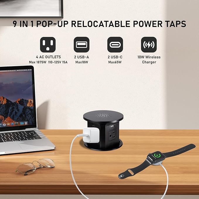 65W Pop up Outlet for countertop 4.4in 4 Outlets 10W Wireless Charger Receptacle Charging Statio Fast Charging 2 USB A 2 USB C for Kitchen Office,6ft Cord(No Retaining Ring) (Black)