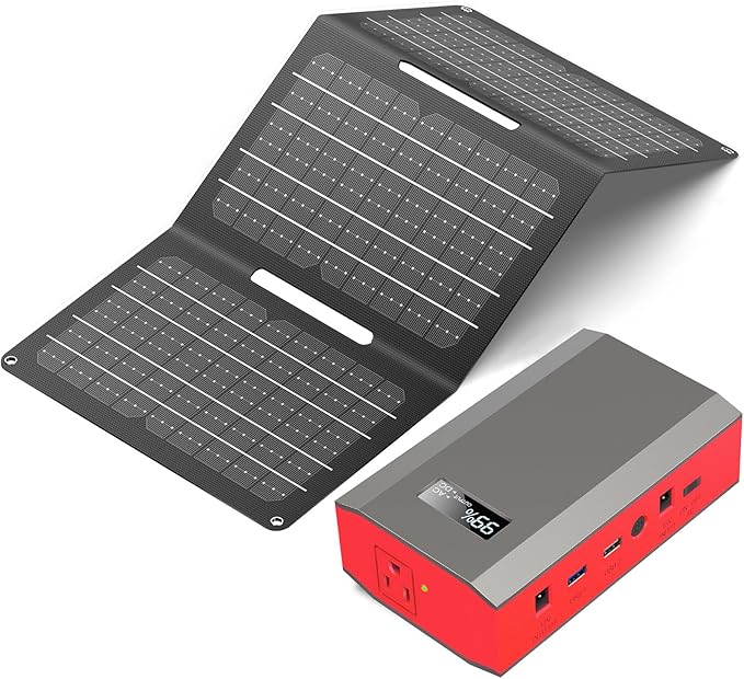 Portable Solar Power Bank with AC Outlet 65W 110V External Battery Pack, 24000mAh Portable Laptop Charger with Foldable Solar Panel 30W for Outdoor Smart Device Camping Hiking Trip Off Grid Backup