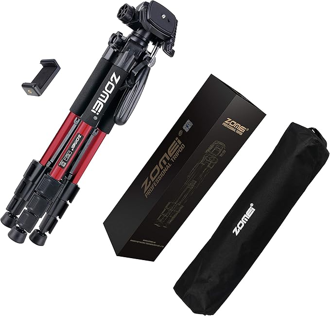 55" Tripod Q111 Travel Camera Tripod with 3-Way Pan Head and Phone Holder Mount for Gopro,Projector,Smartphones Webcam,Spotting Scopesto Live Broadcast and DSLR EOS Canon Nikon Sony Samsung(Red)