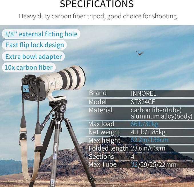 INNOREL ST324CT/ST324CF Carbon Fiber Tripod Max Height 160cm Max Load 30kg Max Tube Dia 32mm Professional Birdwatching Heavy Duty Camera Stand (Fast Flip Lock)